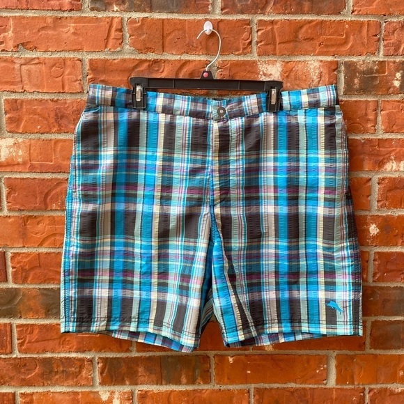 Tommy Bahama Relax Mens XL Blue Plaid Swim Trunks Board Shorts Net - Picture 9 of 9
